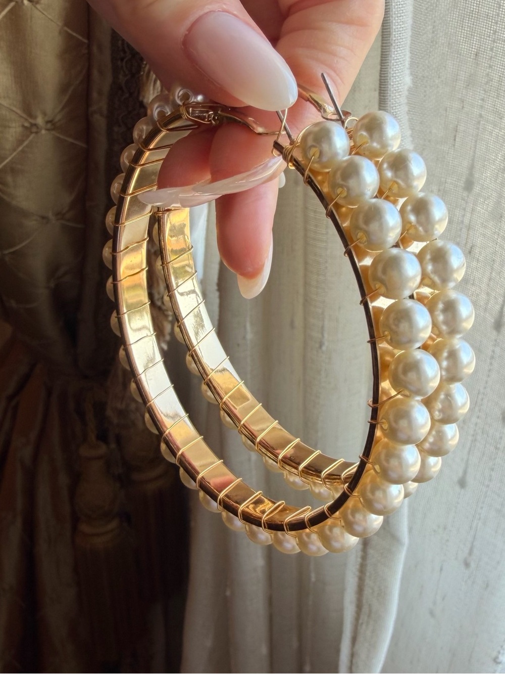 Gold Hoop Earrings with Cream Pearl Accent - Women Jewelry